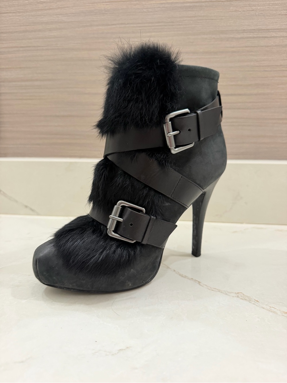 Ash Black Fur-Trim Buckle Stiletto Ankle Boots